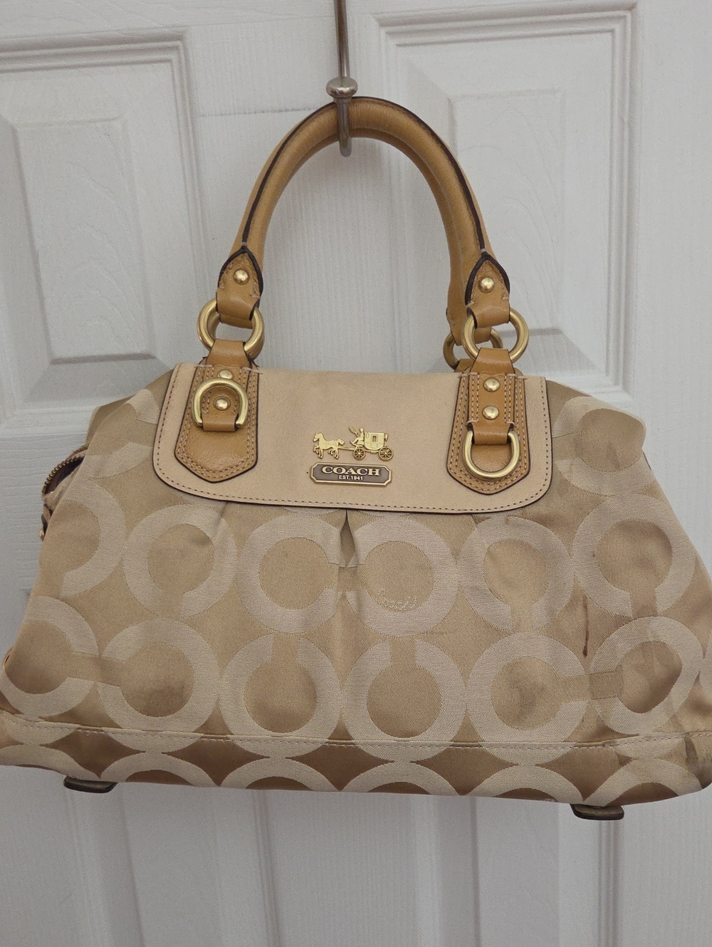 COACH Beige and Tan Signature Circle Satchel